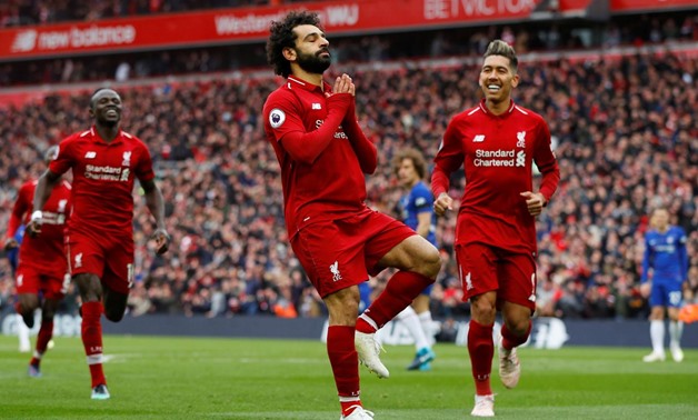 Soccer Football - Premier League - Liverpool v Chelsea - Anfield, Liverpool, Britain - April 14, 2019 Liverpool's Mohamed Salah celebrates scoring their second goal REUTERS/Phil Noble
