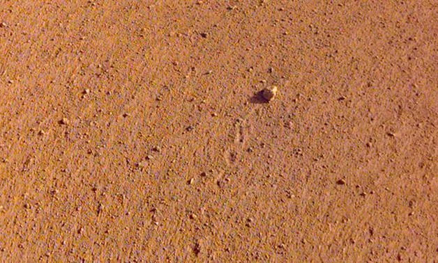 The "Rolling Stones Rock," slightly larger than a golf ball and named after the rock band, is seen on the surface of Mars after it rolled about 3 feet, spurred by the thrusters on NASA's InSight spacecraft, November 26, 2018. Picture taken November 26, 20