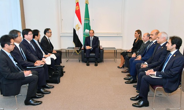 President Abdel Fatah al-Sisi meets with Masumi Kakinoki, the CEO of Japan's Marubeni Corporation and representatives from the company in Japan on the sidelines of TICAD- Press photo