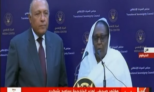 Egypt's Foreign Minister Sameh Shoukry with his Sudanese counterpart Asmaa Mohamed Abdalla in a joint press conference, Monday Sept. 9. Via YouTube