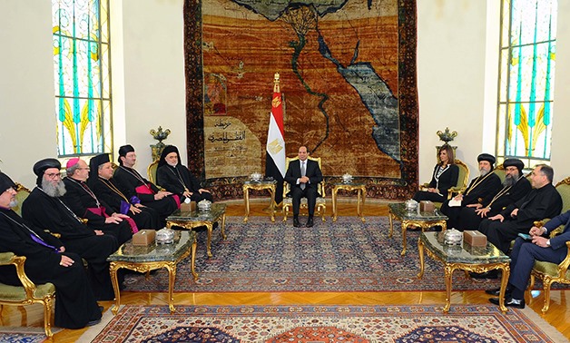 President Abdel Fatah al-Sisi (middle) meets with a delegation of the Council of Bishops and representatives of the Eastern Apostolic Churches of Australia and New Zealand.