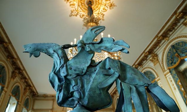 The iconic copper rooster, which was perched at the top of the spire of Notre-Dame Cathedral for more than a century, before the blaze, is displayed at the exhibition "Revoir Notre-Dame de Paris" as part of European Heritage Days 2019, at the French Cultu