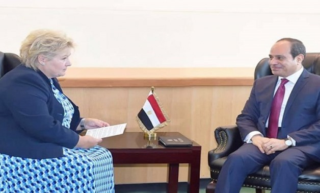Egyptian President Abdel Fatah al-Sisi met on Monday with Prime Minister of Norway Erna Solberg on the sidelines of the UN General Assembly meetings in New York - Press Photo