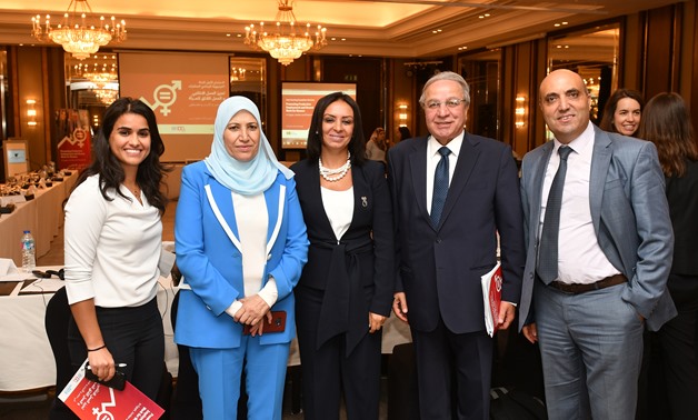 Maya Morsi and representatives of Jordan, Palestine, and international organizations in the launching of a joint programme titled “Promoting Productive Employment and Decent Work for Women in Egypt, Jordan, and Palestine." October 3, 2019. Press Photo