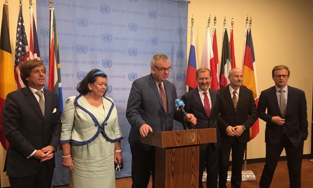Deputy Permanent Representative of Germany to the United Nations  Jürgen Schulz speaks following a closed door meeting on Syria- Egypt Today/ Engy Madgy

