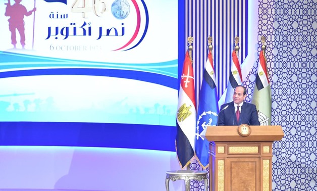 President Abdel Fatah al-Sisi delivering a speech in the ceremony held to celebrate the 46th anniversary of Egypt's victory in 6th of October, 1973 War. October 13, 2019. Press Photo