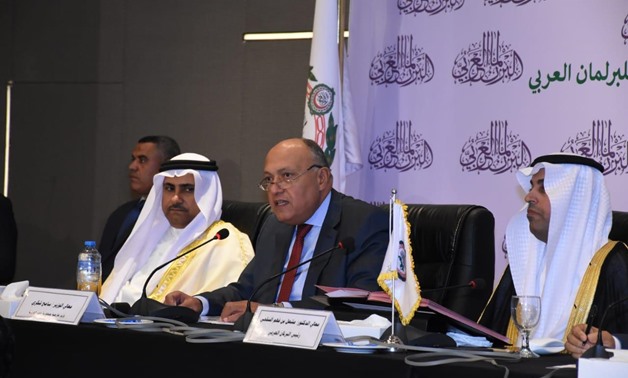 Egyptian Minister of Foreign Affairs Sameh Shoukry speaks at the Arab Parliament's first session of the second legislative term that kicked off in Cairo on Thursday- press photo.
