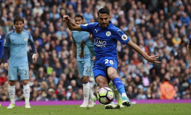 Leicester City's Riyad Mahrez scores from the penalty spot but it is disallowed for kicking the ball twice Action Images via Reuters / Jason Cairnduff Livepic