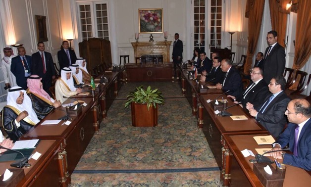 A meeting between Egyptian and Saudi officials of foreign affairs in the headquarters of Egyptian ministry - press photo