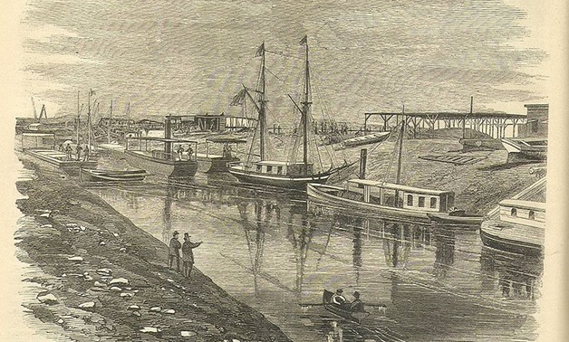 Drawing of first vessels passing through the Canal showing al-Qantara on the East and El Ferdan on the West 