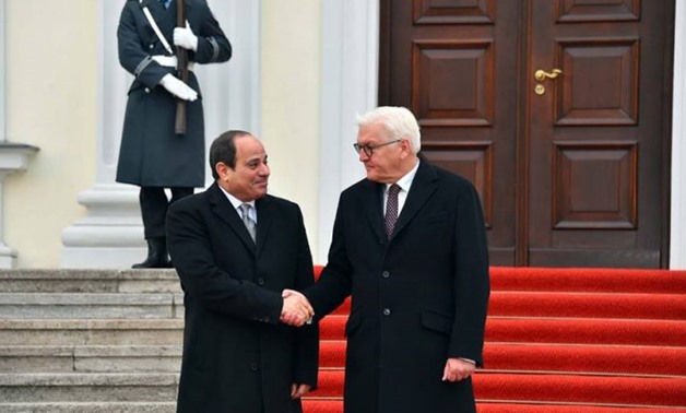 PRESS: (L) Egyptian President Abdel Fattah El-Sisi shakes hand with (R) German President Frank-Walter Steinmeier during the Egyptian leader's visit in Berlin on November 19, 2019
