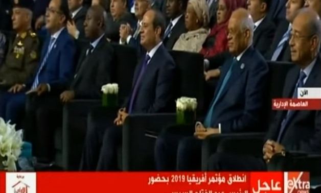 President Abdel Fatah El Sisi during the opening session of the two-day Africa 2019 Conference in the New Administrative Capital- screenshot/Egypt Today
