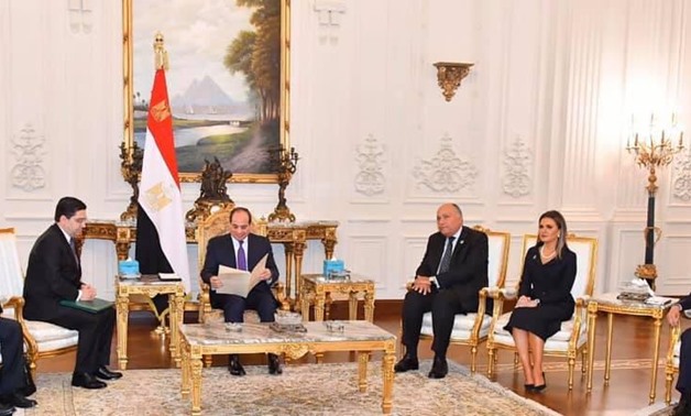 President Abdel Fatah al-Sisi in a meeting with Moroccan Minister of Foreign Affairs Nasser Bourita on the sidelines of Africa 2019 conference held in the New Administrative Capital (NAC). November 22, 2019. Press Photo