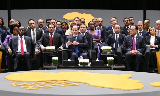 President Abdel Fatah El Sisi speaks during a round-table held on the investments in Africa on the sidelines of the Africa 2019 Conference at the New Administrative Capital- Egypt Today/Hossam Atef.