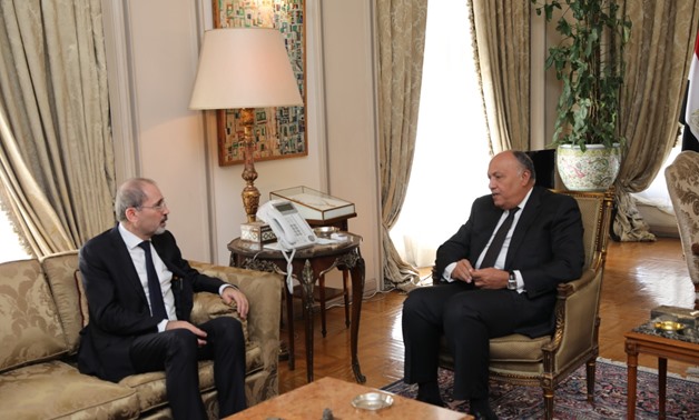 FILE- Egyptian Foreign Minister Sameh Shoukry meets with his Jordanian counterpart Ayman Safadi at the Arab League headquarters in Cairo on November 25, 2019- press photo