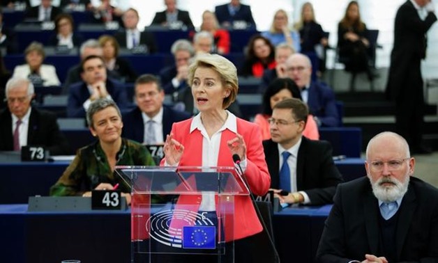 European Commission President-elect Ursula von der Leyen addresses the European Parliament next to next to European Commission vice-president Frans Timmermans ahead of a vote of Members of the European Parliament on her college of commissioners, in Strasb