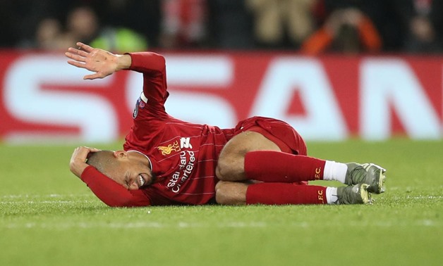 Soccer Football - Europa League - Champions League - Group E - Liverpool v Napoli - Anfield, Liverpool, Britain - November 27, 2019 Liverpool's Fabinho reacts after sustaining an injury Action Images via Reuters/Carl Recine
