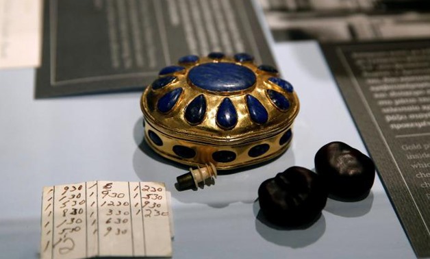 A gold plated box with lapis lazuli, which was a gift from Aristotle Onassis, which rested on Maria Callas’ bedside table is seen at “Maria Calla" -  REUTERS/Costas Baltas