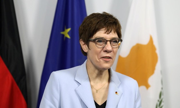FILE PHOTO: German Defence Minister Annegret Kramp-Karrenbauer is seen during a meeting with Cypriot Defence Minister Savvas Angelides at the "Zenon" Coordination Center in Larnaca, Cyprus December 18, 2019. REUTERS/Yiannis Kourtoglou
