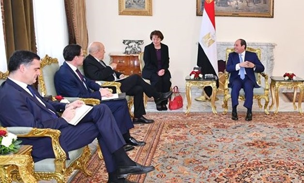 Egyptian President Abdel Fattah al-Sisi on Wednesday met with French Foreign Minister Jean-Yves Le Drian in Cairo - Courtesy of the Presidency