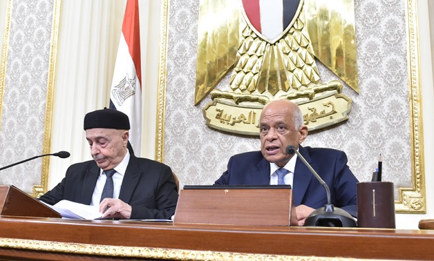 Speaker Ali Abdel Aal (l) and Libyan counterpart Aguila Saleh in a plenary session at Egypt's House of Representatives on January 12, 2019. Egypt Today/Khaled Mashaal