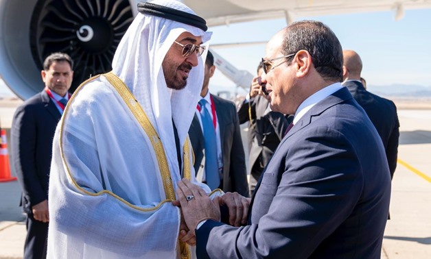 President Sisi (R) meets with Abu Dhabi Crown Prince Mohamed bin Zayed during the opening of the Berenice military base south of Red Sea - Press photo