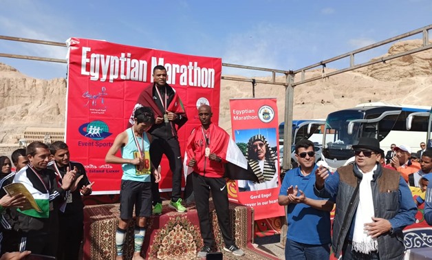 Jordanian Mohamed Fayez, Japanese Matsuda Kantaro, and Egyptian Mohamed Suleiman Abu Zeid won the first three ranks of the 42km race.- Egypt Today/ Ahmed Marie