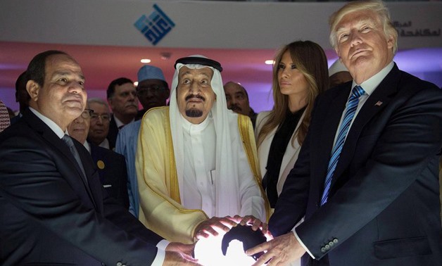 President Abdel Fattah el-Sisi of Egypt, King Salman of Saudi Arabia, Melania Trump and President Trump during the opening of an anti-extremist center on Sunday in Riyadh, Saudi Arabia - Saudi Press Agency