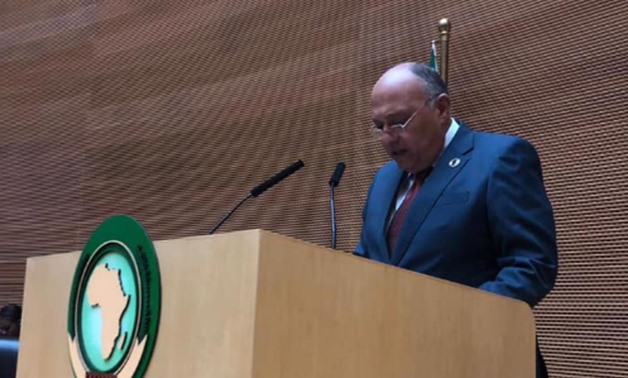 Foreign Minister Sameh Shoukry gives a speech during the 36th session of the Executive Council of the African Union in Addis Ababa