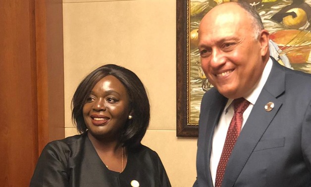 Foreign Minister Sameh Shoukry with his Kenyan counterpart Raychelle Omamo on the sidelines of the 36th session of the Executive Council of the African Union in Addis Ababa, Thursday February 6, Press Photo
