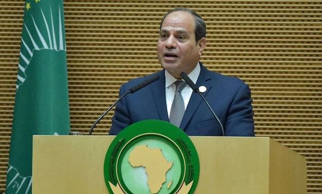 Egyptian President and new African Union chairperson Abdel Fattah al-Sisi speaks during the 32nd African Union (AU) summit in Addis Ababa on February 10, 2019. (AFP)