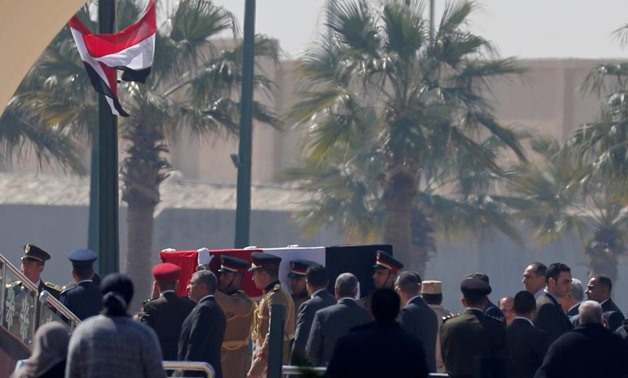 Guards carry the coffin of former Egyptian President Hosni Mubarak as they arrive at Field Marshal Mohammed Hussein Tantawi Mosque, during his funeral east of Cairo, Egypt February 26, 2020. REUTERS/Amr Abdallah Dalsh