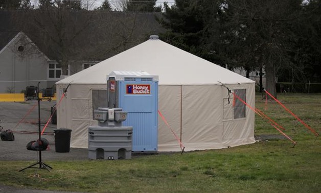 A support operations tent is seen at a earmarked quarantine site for healthy people potentially exposed to novel coronavirus, behind Washington State Public Health Laboratories in Shoreline, north of Seattle, Washington, U.S. February 28, 2020. REUTERS/Da