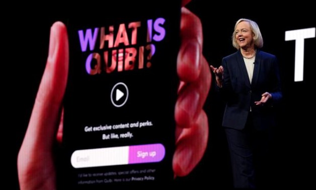 FILE PHOTO: Quibi CEO Meg Whitman speaks during a Quibi keynote address at the 2020 CES in Las Vegas, Nevada, U.S., January 8, 2020. REUTERS/Steve Marcus