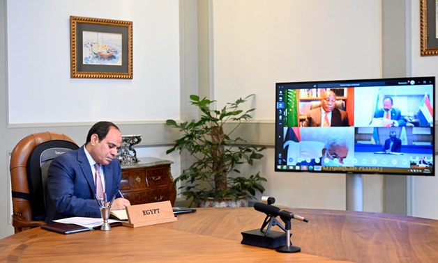 Egypt’s President Abdel Fattah El-Sisi addresses a number of African heads of state via video conferencing – Press photo