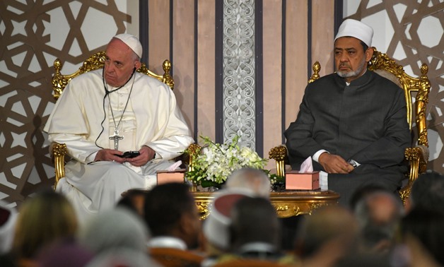 Pope Francis and Grand Imam of Al-Azhar, Sheikh Ahmed al-Tayeb, in Cairo in April 2017- press photo
