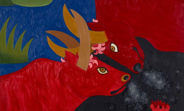 Oil on Canvas ‘The Two Bulls and the Frog’ by Willy Aractingi (1994), (Photo courtesy to The Sursoock Museum website)