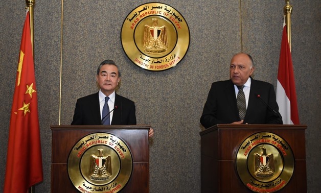 FILE - Egyptian Foreign Minister Sameh Shoukry holds a press conference with his Chinese counterpart, Wang Yi, in Cairo - Courtesy of the Egyptian Foreign Ministry