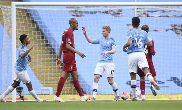 Soccer Football - Premier League - Manchester City v Liverpool - Etihad Stadium, Manchester, Britain - July 2, 2020 Manchester City's Kevin De Bruyne celebrates scoring their first goal, as play resumes behind closed doors following the outbreak of the co