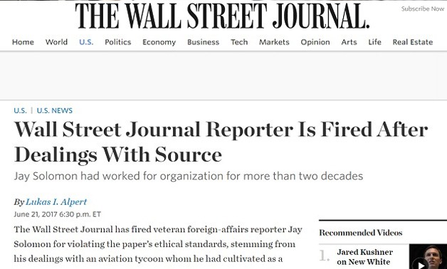 his screengrab shows the Wall Street Journal’s story published on its website June 21, 2017, about the firing of 20-year employee Jay Solomon over alleged dealings with one of his news sources. WWW.WSJ.COM SCREENGRAB