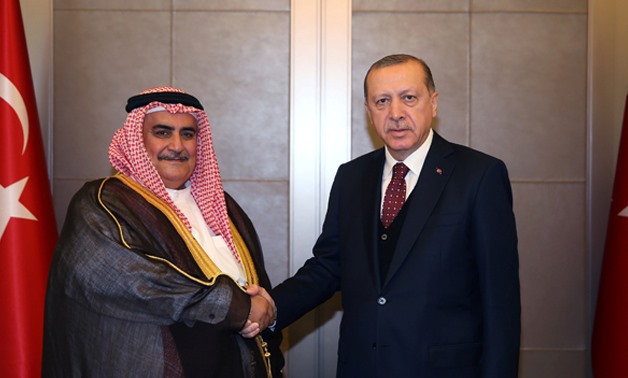 Turkish President Tayyip Erdogan meets with Bahrain's Foreign Minister Shaikh Khalid bin Ahmed bin Mohammed Al Khalifa in Istanbul, Turkey June 10, 2017. Yasin Bulbul/Presidential Palace/via REUTERS