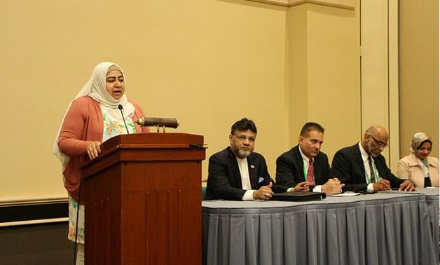 Spokeswoman Faryal Khatri introduced leaders of the Islamic Society of North America at the group's annual convention in Chicago, Illinois - AFP