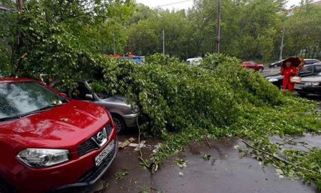 Cars under fallen trees after a strong thunderstorm hit Moscow, Russia, 29 May 2017