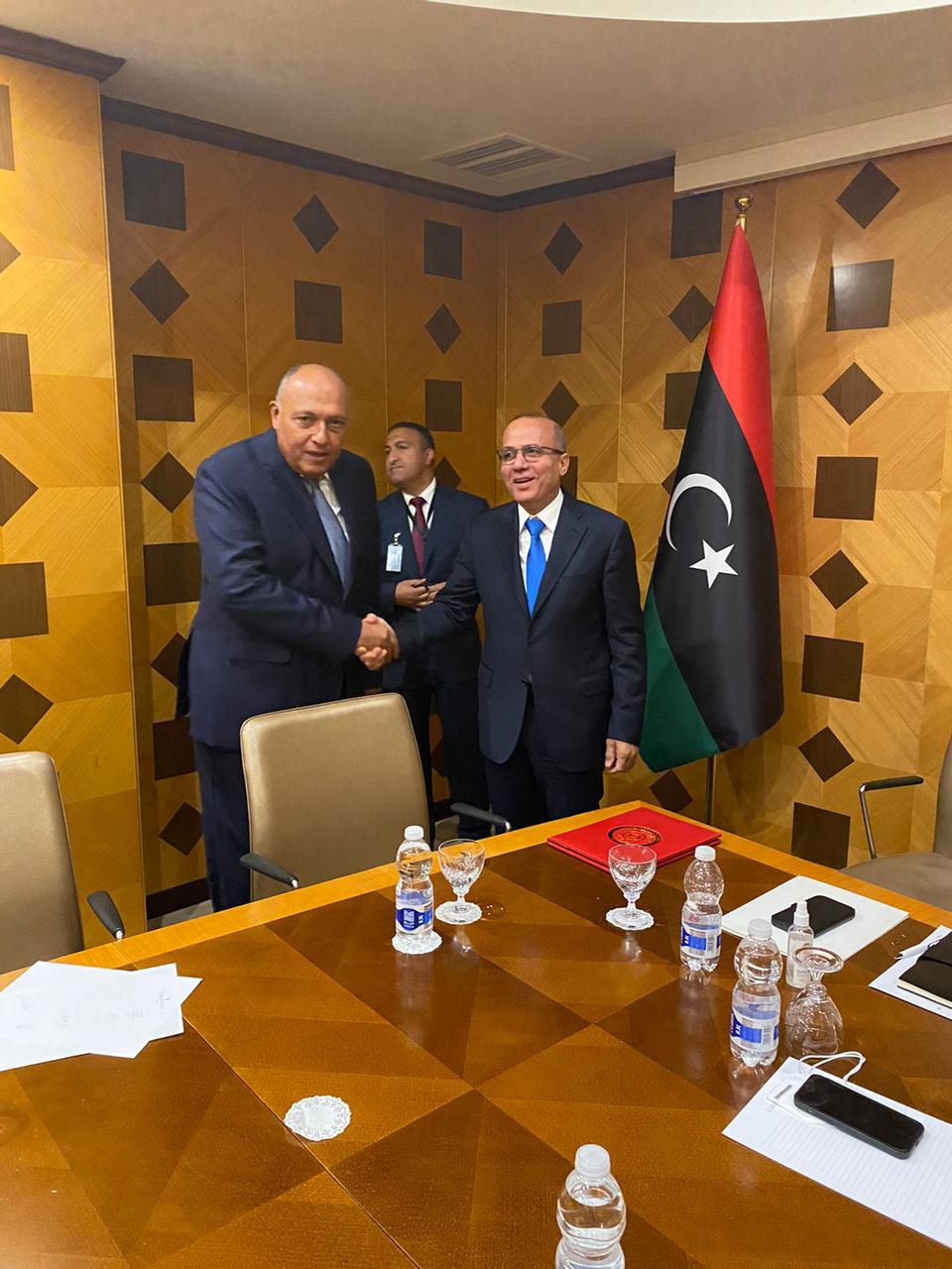Deputy Head of the Libyan Presidential Council Abdallah al-Lafy (r) and Minister of Foreign Affairs Sameh Shokry in Tripoli on October 21, 2021. Press Photo