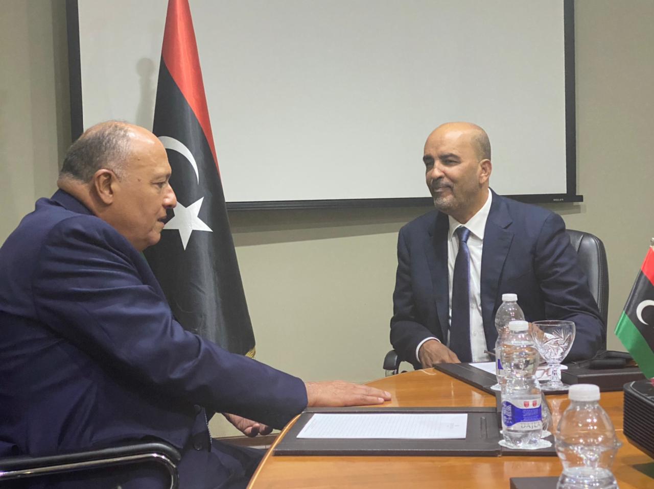 Deputy Head of the Libyan Presidential Council Mousa al-Kawny (r) and Minister of Foreign Affairs Sameh Shokry in Tripoli on October 21, 2021. Press Photo