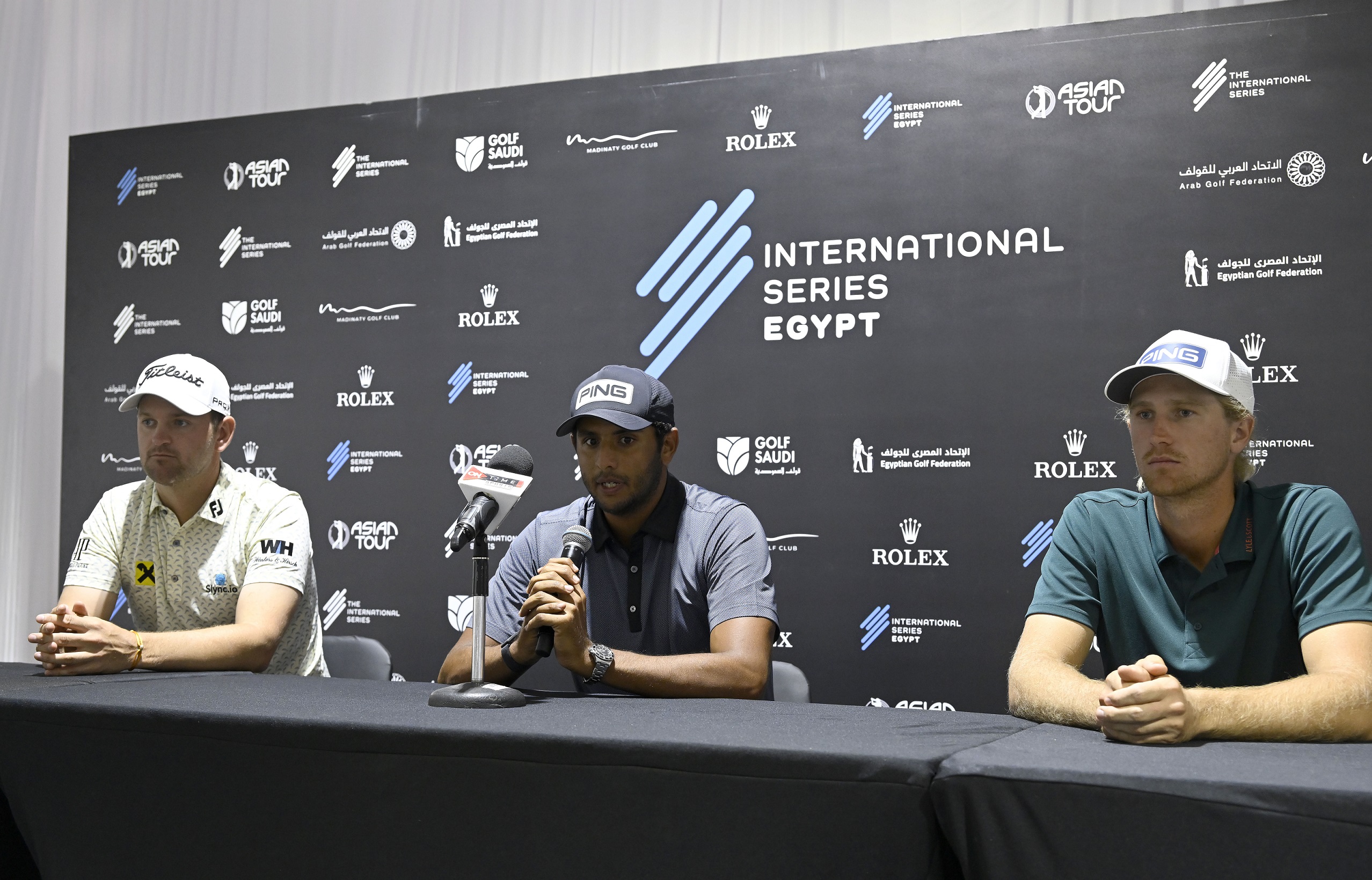 Bernd Wiesberger, Issa Abou El Ela and Travis Smyth answer questions at the press conference