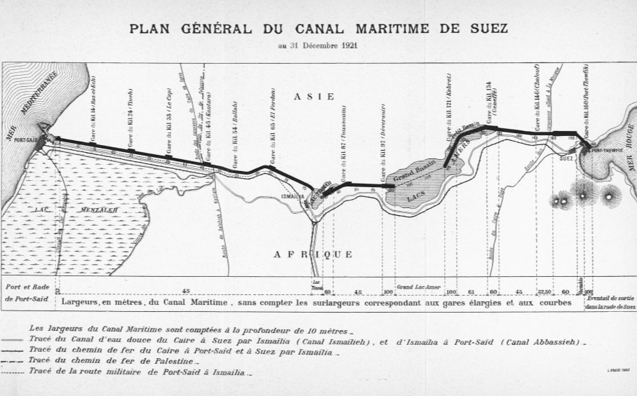 A 1921 map of the Suez Canal, running south from Port Said on the Mediterranean, through Ismailia and the Great Bitter Lake, to the Gulf of Suez on the Red Sea. Hulton Archive/Getty Images