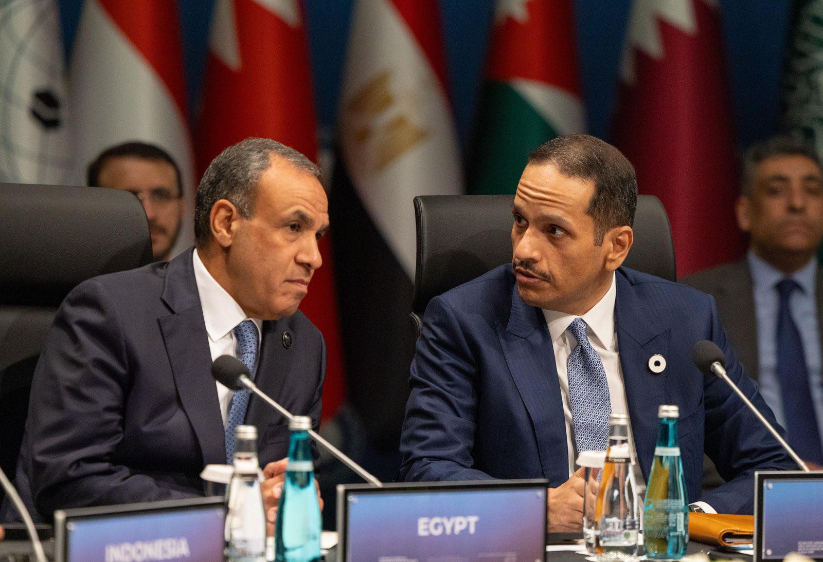 Egyptian FM Badr Abdelatty and Qatari FM Mohammed Al Thani talk during the OIC AL meeting in Antalya Egyptian FM Badr Abdelatty and Qatari FM Mohammed Al Thani talk during the OIC AL meeting in Antalya