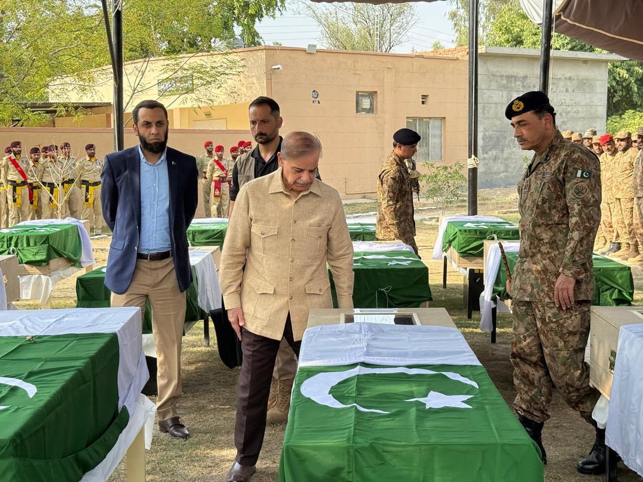 Pakistani Prime Minister Shehbaz Sharif and Field Marshal Syed Asim Munir Chief of Army Staff offers funeral prayers for South Waziristan attack victims Pakistani Prime Minister Shehbaz Sharif and Field Marshal Syed Asim Munir Chief of Army Staff offers funeral prayers for South Waziristan attack victims