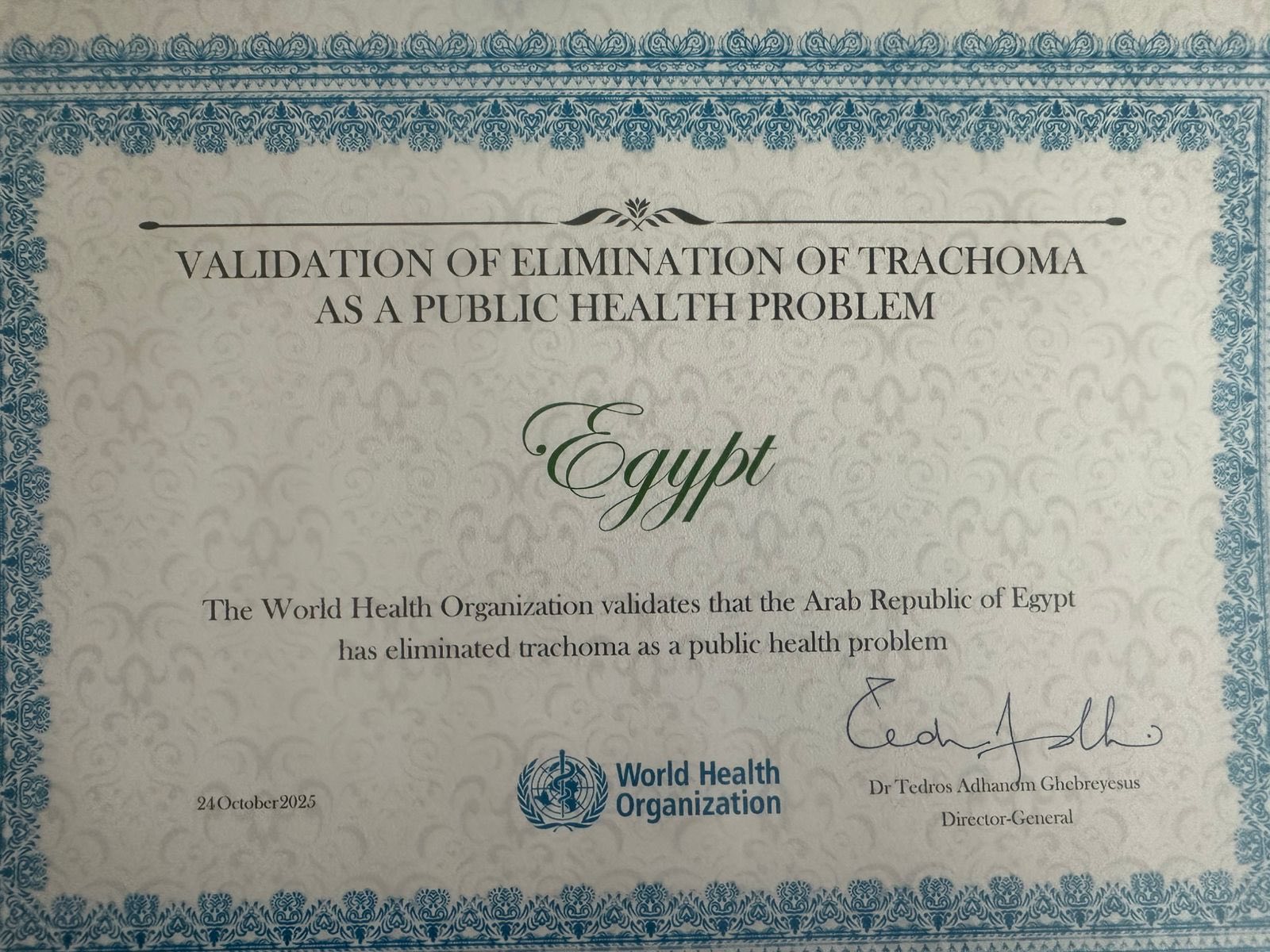 Egypt has received WHO trachoma free certification for second consecutive year Egypt has received WHO trachoma free certification for second consecutive year